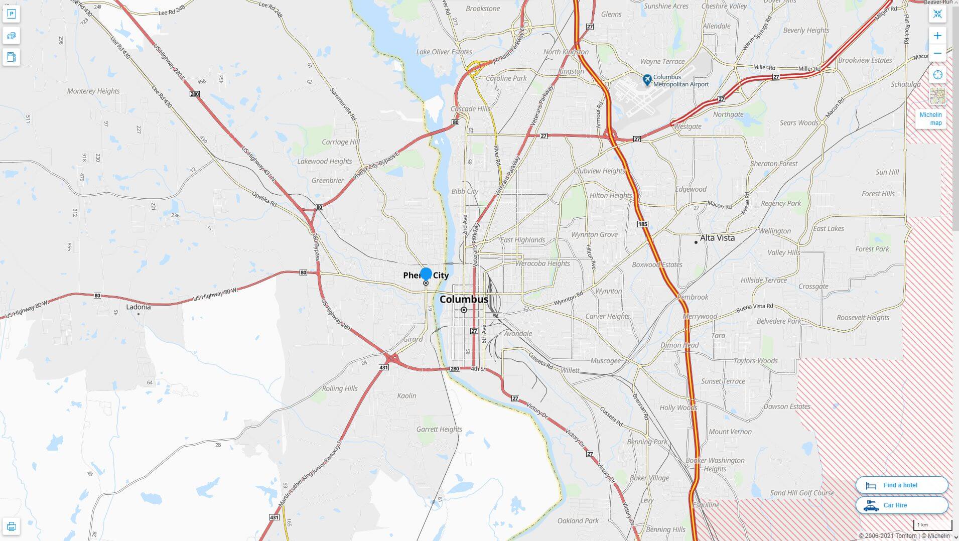 Phenix City Alabama Highway and Road Map
